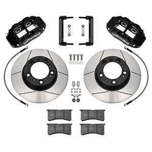 Wilwood Forged Narrow Superlite 4R Big Brake Rear Brake Kit For OE Parking Brake Parts Laid Out - Black Powder Coat Caliper - GT Slotted Rotor