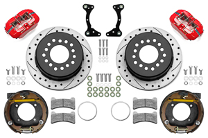 Wilwood Forged Dynapro Low-Profile Rear Parking Brake Kit Parts Laid Out - Red Powder Coat Caliper - SRP Drilled & Slotted Rotor