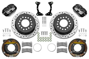 Wilwood Forged Dynapro Low-Profile Rear Parking Brake Kit Parts Laid Out - Black Powder Coat Caliper - SRP Drilled & Slotted Rotor