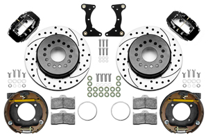 Wilwood Forged Dynalite Rear Parking Brake Kit Parts Laid Out - Black Powder Coat Caliper - SRP Drilled & Slotted Rotor