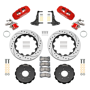 Wilwood AERO4-MC4 Big Brake Rear Parking Brake Kit Parts Laid Out - Red Powder Coat Caliper - SRP Drilled & Slotted Rotor