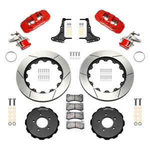 Wilwood AERO4-MC4 Big Brake Rear Parking Brake Kit Parts Laid Out - Red Powder Coat Caliper - GT Slotted Rotor