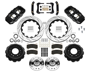 Wilwood AERO6 Big Brake Front Brake Kit Parts Laid Out - Black Powder Coat Caliper - SRP Drilled & Slotted Rotor