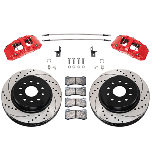 Wilwood AERO6-DM Direct-Mount Truck Front Brake Kit Parts Laid Out - Red Powder Coat Caliper - SRP Drilled & Slotted Rotor