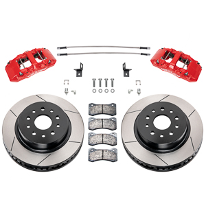 Wilwood AERO6-DM Direct-Mount Truck Front Brake Kit Parts Laid Out - Red Powder Coat Caliper - GT Slotted Rotor