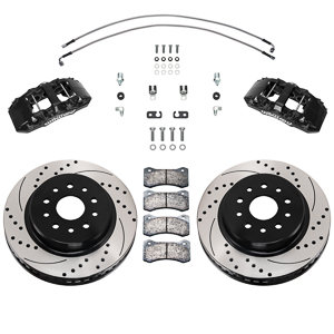 Wilwood AERO6-DM Direct-Mount Truck Front Brake Kit Parts Laid Out - Black Powder Coat Caliper - SRP Drilled & Slotted Rotor