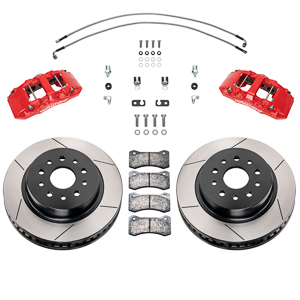 Wilwood AERO6-DM Direct-Mount Truck Front Brake Kit Parts Laid Out - Red Powder Coat Caliper - GT Slotted Rotor