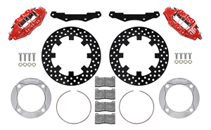 Wilwood UTV6 Rear Brake Kit Parts Laid Out - Red Powder Coat Caliper - Drilled Rotor