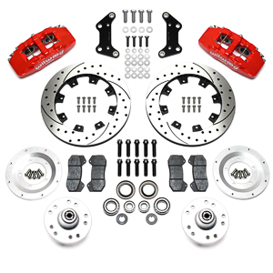 Wilwood Forged Dynapro 6 Big Brake Front Brake Kit (Hub) Parts Laid Out - Red Powder Coat Caliper - SRP Drilled & Slotted Rotor