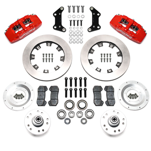 Wilwood Forged Dynapro 6 Big Brake Front Brake Kit (Hub) Parts Laid Out - Red Powder Coat Caliper - Plain Face Rotor