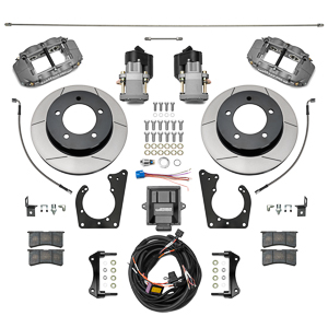 Wilwood FNSL6R/EPB Big Brake Truck Rear Brake Kit Parts Laid Out - Type III Anodize Caliper - GT Slotted Rotor