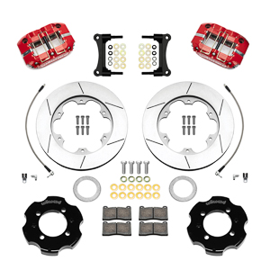 Wilwood Forged Narrow Dynapro Big Brake Front Brake Kit (Hat) Parts Laid Out - Red Powder Coat Caliper - GT Slotted Rotor