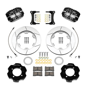 Wilwood Forged Narrow Dynapro Big Brake Front Brake Kit (Hat) Parts Laid Out - Black Powder Coat Caliper - GT Slotted Rotor