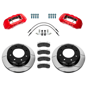 Wilwood TX6-DM Big Brake Truck Front Brake Kit Parts Laid Out - Red Powder Coat Caliper - GT Slotted Rotor