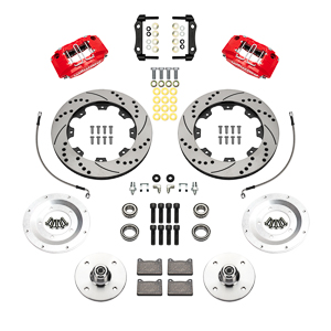 Wilwood Powerlite Front Brake Kit Parts Laid Out - Red Powder Coat Caliper - SRP Drilled & Slotted Rotor