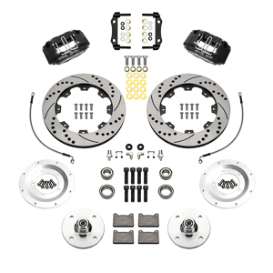 Wilwood Powerlite Front Brake Kit Parts Laid Out - Black Powder Coat Caliper - SRP Drilled & Slotted Rotor