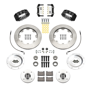 Wilwood Powerlite Front Brake Kit Parts Laid Out - Black Powder Coat Caliper - GT Slotted Rotor