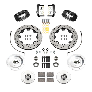 Wilwood Powerlite Front Brake Kit Parts Laid Out - Black Powder Coat Caliper - SRP Drilled & Slotted Rotor