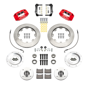 Wilwood Powerlite Front Brake Kit Parts Laid Out - Red Powder Coat Caliper - GT Slotted Rotor