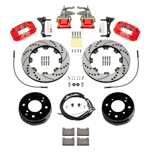 Wilwood Powerlite-MC4 Rear Parking Brake Kit Parts Laid Out - Red Powder Coat Caliper - SRP Drilled & Slotted Rotor