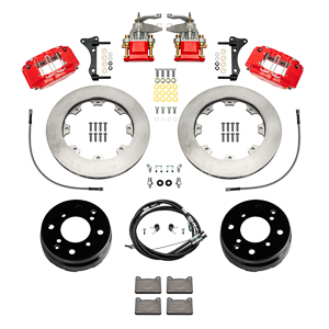 Wilwood Powerlite-MC4 Rear Parking Brake Kit Parts Laid Out - Red Powder Coat Caliper - GT Slotted Rotor