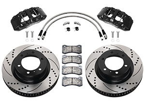 Wilwood AERO6-DM Direct-Mount Truck Front Brake Kit Parts Laid Out - Black Powder Coat Caliper - SRP Drilled & Slotted Rotor