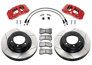 Wilwood AERO6-DM Direct-Mount Truck Front Brake Kit Parts Laid Out - Red Powder Coat Caliper - GT Slotted Rotor