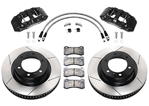 Wilwood AERO6-DM Direct-Mount Truck Front Brake Kit Parts Laid Out - Black Powder Coat Caliper - GT Slotted Rotor