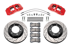 Wilwood AERO6-DM Direct-Mount Truck Front Brake Kit Parts Laid Out - Red Powder Coat Caliper - SRP Drilled & Slotted Rotor