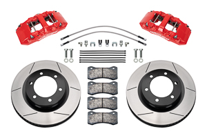 Wilwood AERO6-DM Direct-Mount Truck Front Brake Kit Parts Laid Out - Red Powder Coat Caliper - GT Slotted Rotor