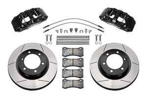 Wilwood AERO6-DM Direct-Mount Truck Front Brake Kit Parts Laid Out - Black Powder Coat Caliper - GT Slotted Rotor