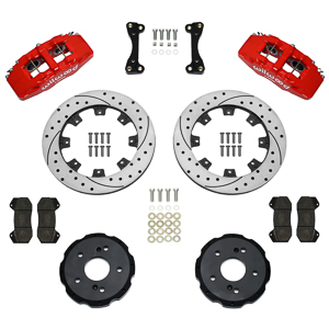 Wilwood Forged Dynapro 6 Big Brake Front Brake Kit (Hat) Parts Laid Out - Red Powder Coat Caliper - SRP Drilled & Slotted Rotor