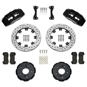 Wilwood Forged Dynapro 6 Big Brake Front Brake Kit (Hat) Parts Laid Out - Black Powder Coat Caliper - SRP Drilled & Slotted Rotor