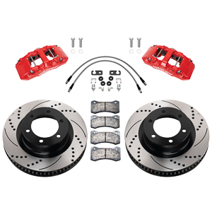 Wilwood AERO6-DM Direct-Mount Truck Front Brake Kit Parts Laid Out - Red Powder Coat Caliper - SRP Drilled & Slotted Rotor