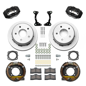 Wilwood Forged Dynalite Rear Parking Brake Kit Parts Laid Out - Black Powder Coat Caliper - Plain Face Rotor