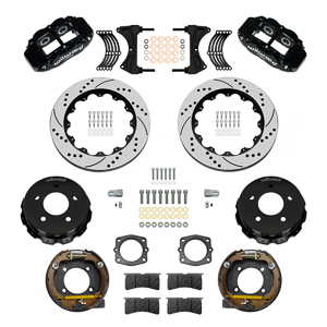 Wilwood Forged Narrow Superlite 4R Big Brake Rear Parking Brake Kit Parts Laid Out - Black Powder Coat Caliper - SRP Drilled & Slotted Rotor