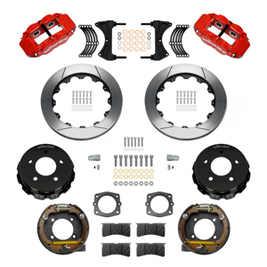 Wilwood Forged Narrow Superlite 4R Big Brake Rear Parking Brake Kit Parts Laid Out - Red Powder Coat Caliper - GT Slotted Rotor