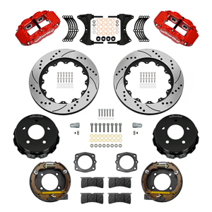 Wilwood Forged Narrow Superlite 4R Big Brake Rear Parking Brake Kit Parts Laid Out - Red Powder Coat Caliper - SRP Drilled & Slotted Rotor