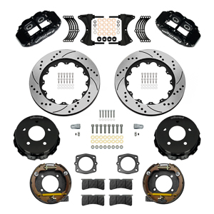 Wilwood Forged Narrow Superlite 4R Big Brake Rear Parking Brake Kit Parts Laid Out - Black Powder Coat Caliper - SRP Drilled & Slotted Rotor