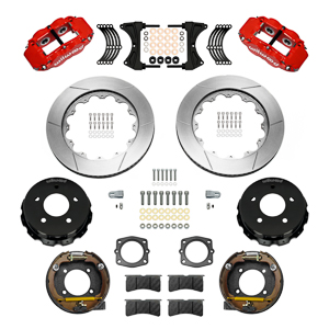 Wilwood Forged Narrow Superlite 4R Big Brake Rear Parking Brake Kit Parts Laid Out - Red Powder Coat Caliper - GT Slotted Rotor