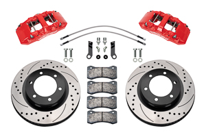 Wilwood AERO6-DM Direct-Mount Truck Front Brake Kit Parts Laid Out - Red Powder Coat Caliper - SRP Drilled & Slotted Rotor