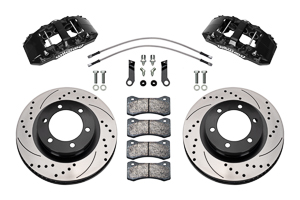 Wilwood AERO6-DM Direct-Mount Truck Front Brake Kit Parts Laid Out - Black Powder Coat Caliper - SRP Drilled & Slotted Rotor