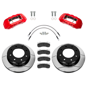 Wilwood TX6-DM Big Brake Truck Front Brake Kit Parts Laid Out - Red Powder Coat Caliper - GT Slotted Rotor