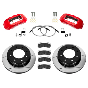 Wilwood TX6-DM Big Brake Truck Front Brake Kit Parts Laid Out - Red Powder Coat Caliper - GT Slotted Rotor