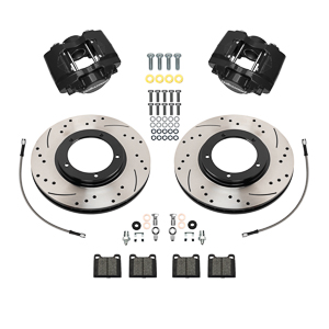 Wilwood D45 Front Brake Kit Parts Laid Out - Black Powder Coat Caliper - SRP Drilled & Slotted Rotor