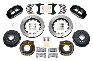 Wilwood Forged Narrow Superlite 4R Big Brake Rear Parking Brake Kit Parts Laid Out - Black Powder Coat Caliper - GT Slotted Rotor