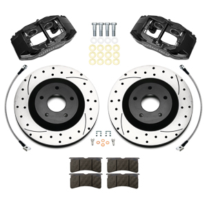 Wilwood SLC56 Front Replacement Caliper and Rotor Kit Parts Laid Out - Black Powder Coat Caliper - SRP Dimpled & Slotted Rotor