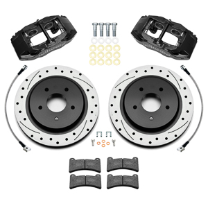 Wilwood DPC56 Rear Replacement Caliper and Rotor Kit Parts Laid Out - Black Powder Coat Caliper - SRP Dimpled & Slotted Rotor