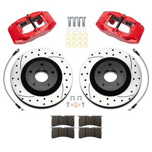 Wilwood SLC56 Front Replacement Caliper and Rotor Kit Parts Laid Out - Red Powder Coat Caliper - SRP Dimpled & Slotted Rotor