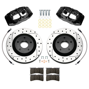 Wilwood SLC56 Front Replacement Caliper and Rotor Kit Parts Laid Out - Black Powder Coat Caliper - SRP Dimpled & Slotted Rotor